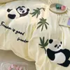 Ensembles de literie Ensemble coton Panda broderie housse de couette douce drap de lit élastique taies d'oreiller plates