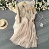 Two Piece Dress 2023 New Autumn Spaghetti Strap Woolen Patchwork Mesh Tulles Midi Dress + Short Tweed Jacket Coat For Women 2 Pieces Set Outfits L231221