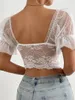 Magliette da donna Corsetto vintage francese Crop Canotte Top in pizzo floreale Donna Mesh Sheer Bustier sexy Manica corta Party Slim Tees