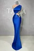 Royal Blue Elegant Mermaid Evening with Beads Sequins High Neck Sheer Long Sleeve One Shoulder Satin Beading Lace Formal Prom Dresses Cutaway Sides