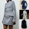 Casual Dresses Women Long-sleeve Mini Dress Solid Color Elegant With Flap Pockets Elastic For