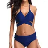 Women's Swimwear Women Sexy Swimsuit Two Piece Retro Ruched High Waist Solid Bikini Set