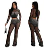 2024 Designer Sexy Mesh Diamonds Tute Donna Due pezzi Set manica lunga Abiti trasparenti Top corto e pantaloni sexy Vedi attraverso Club Wear Abbigliamento all'ingrosso 10453