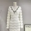 Casual Dresses Autumn Luxury Women's Formal Dress Elegant V-Neck Long Sleeve Diamond Lace Patchwork Mohair Sticked Party Q715