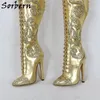 Sorbern Gold Echtlederstiefel Mitte Oberschenkel hoch Damen Stilettos Absatz Glitzer Blumen Damen Absatz individuell Schnürung hinten 231220