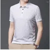 Heren PoloS Zomer Silk Turn Down Collar Short Sleeve T-Shirt Polo Casual Jacquard Ice Plaid Button Fashion Graphic Tops