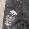 Mens Haruku Hip Hop Retro Skull Graphic Black Worbgy Gym Denim 2023 Summer New Gothic Men Basketball Shorts