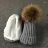 Beretten Cllikko Real Fur Hat Gebreide grote wasbeer pom Kinderen Winter Unisex Kinderen van 1-18 jaar Warm chunky plus Velvet