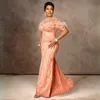 2024 Pluma Tallas grandes Aso Ebi Vestidos de baile Sirena Mangas cortas de color rosa claro Vestido formal de noche para ocasiones especiales Perlas de encaje con cuentas Vestidos de fiesta de cumpleaños ST670