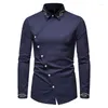 Men's Casual Shirts 2023 Solid Color Shirt Hollowed Out Embroidered Asymmetrical Long Sleeved European Size Denim