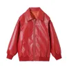 Women's Leather Vintage Red Faux Bomber Jacket Chic Zipper Coat Loose Pocket Outfit Woman PU Spring Winter Streetwear