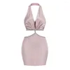 Casual Dresses Women Sexy Dress Waist Hollow Out Crystal Design Sleeveless Pink Mini Evening Dinner Party Gowns