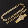 Gold Hip Hop Miami Halsband Curb Cuban Chain Iced Out Paled Rhinestones CZ Bling Rapper Gold Neckor Watch Armband Smycken för 2523777