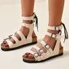Muil-Buckle Design Lace-up Open Back Sandals Strap Toe Punk Goth Casual Girls Shoes Stylish Size 43 Fisherman Beach Women Flat 815