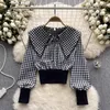 Damesblouses Vintage casual blouse voor dames Turn-down kraag Geruite patchwork Kanten shirts Herfst Leeftijdverminderende vrouwelijke Blusa Drop