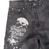 Mens Haruku Hip Hop Retro Skull Graphic Black Worbgy Gym Denim 2023 Summer New Gothic Men Basketball Shorts