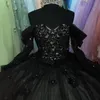 Schwarz glänzender Quinceanera Kleides vom Schulterballkleid Kleid 3dflowers Kleider 15 Jahre für süße 16 Schnüregeburtstagsfeierkleider