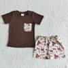 Kläder sätter grossist Western Cow Baby Boy Summer Pocket Naby Blue Shirt Highland Shorts Children Boutique Kid Set Fashion Outfit