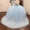 Sky Blue Shiny Quinceanera Abiti abiti da ballo fuori dalla spalla Appliques in tulle Tull Stupy Mexican Sweet 16 Abites 15 Anos