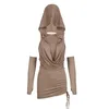 Casual Dresses IAMSURE Waste Soil Style Folds Drawstring Bodycon Dress With Gloves Slim Solid Hooded Sleeveless Mini For Women 2023