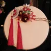 Hair Clips Chinese Bride Accessories Handmade Red Velvet Flowers Tassels Sticks Combs Wedding Bridal Headpieces Hairpins