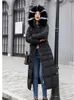 Ned Cotton Coat Women Long Winter Fashion Korean Slim Kne-Längd päls huva Parkas Trench Coat värme Kläder 231221