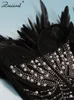 Znaiml Sexy Feathers Rhinestones Backless Diamond Sheer Mesh Bodycon Dresses for Woman Rave Club Birthday Party Night Vestidos 231220