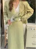 Autumn Green Tweed Two Piece Set Women Skirt Korean Fashion Long Sleeve Jacket Midi Suits Vintage Femme 2 Pieces Outfits 231221