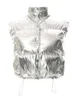 Vinter silver puffer vadderad kappa väst glansande metallisk fast färg stativ krage dragkedja quiltad väst kort utomhus streetwear 231220