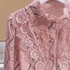 Kvinnors blusar spets broderi lapptäcke ruffles rosa beige skjortor och för kvinnor 2024 långärmad camisas office lady elegant topp blusa