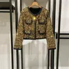 Kvinnors jackor kvinnor o-hals guld paljett tweed coat 2023 höst/vinter mode damer mångsidiga långärmade diamantknappar