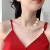 Necklace Earrings Set Women Earring Faux Pearl Flower Elegant Rhinestone Bride Kit For