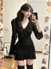 2023 Autumn French Elegant Black Y2K Mini sukienka Mini Caual Long Short Party Office Lady Slim Pure Kolor Chic 231221