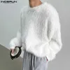 Herrtröjor incerun topps 2023 koreansk stil nya män lös imitation plysch tyg pullover casual fashionabla fasta långärmade tröja s-5xl j231220