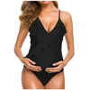 Women's Swimwear Summer Sexy Lady V-neck Suspends Pregnant Woman Solid Color Flouncy One-piece Swimsuit