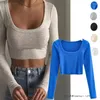 Women's T Shirts Take It You - Super Sexy Edges Not Stitched Big U-Neck Threaded Long Sleeve High Waist T-shirt Expose Clavicle Low Cut Top