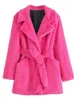 Женское меховое осенне-зимнее модное пальто с отложным воротником розово-красного цвета, роскошное искусственное пальто с поясом, 2023, повседневное пальто с длинными рукавами, верхняя одежда