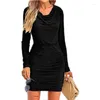 Casual Dresses Women Pile Collar Long Sleeve Pleated Wrap Dress Sexy Lady Tunic Sequined Mini Bodycon Party