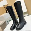 Famous designer shoes Triumphal arch belt-buckled boots Autumn/Winter model Leather knight boots Curved-edged high boots Round toes Slip on on flat heels Clasp trim