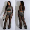 2024 Designer Sexy Mesh Diamonds Tute Donna Due pezzi Set manica lunga Abiti trasparenti Top corto e pantaloni sexy Vedi attraverso Club Wear Abbigliamento all'ingrosso 10453