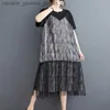 Two Piece Dress #6543 Black Tie Dye False Two Piece T Shirt Dress Spliced Mesh Vintage Dress Women Loose Streetwear Tshirt Dress Fe Midi L231221