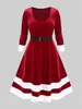 Sıradan Elbiseler Vintage Kadife Kontrast Trim elbise bükülmüş kemer femme femme sonbahar kış çizgili yarı resmi Noel partisi vestido