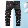 Men Badge Rips Stretch Black Jeans Men's Fashion Slim Fit Washed Motocycle Denim Pants Panelled Hip HOP Trousers 9 colors