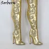 Sorbern Gold Echtlederstiefel Mitte Oberschenkel hoch Damen Stilettos Absatz Glitzer Blumen Damen Absatz individuell Schnürung hinten 231220