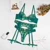 Camisoles Tanks Ins Green Flower Patchwork Three-Piece Set Leg Ring Embroidery