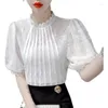 Women's Blouses Sweet Bubble Short Sleeve White Shirt 2024 Korean Fashion Lace Top Summer Crochet Blouse