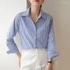 Blouses feminina Mulheres azul branco listrado de manga longa Casual de escritório Camisa de outono Autumn tops profissionais tops femininos de roupas vintage y2k