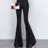 Women's Pants #1954 Black Elastic Long Spliced Lace Ruffles Bell Bottom Female High Waisted Flared Regular Fit Spring Summer