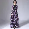 Vestidos casuais designer de luxo mulheres floral impressão roxo maxi manga longa dressruffles em camadas festa jantar 2023