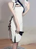 Lässige Kleider Frauen Sexy Träger verlockend China-Stil Seitenschlitz ausgehöhlt Plüsch lange Cheongsam Kleid Uniform romantische Fliege 6S2V